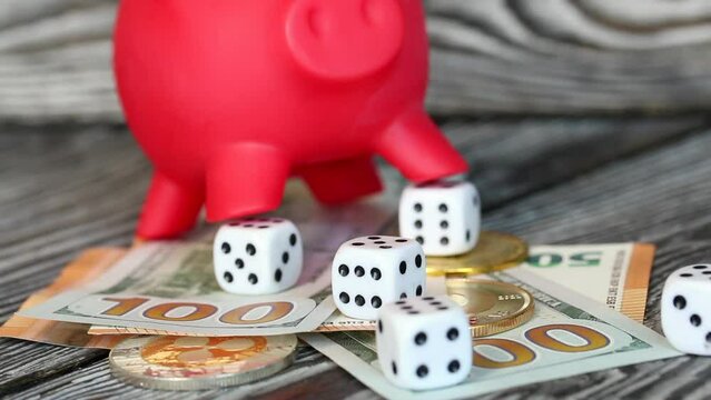 Piggy bank among dollar and euro banknotes. Cryptocurrency coins are visible. Risk while saving money. Multicurrency savings.