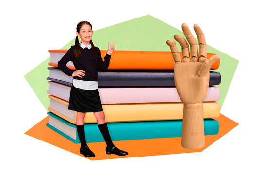 Magazine poster collage of clever school child point finger textbook stack with artificial arm gesture