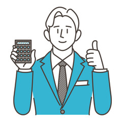 Male businessperson in a suit calculating on a calculator [Vector illustration].