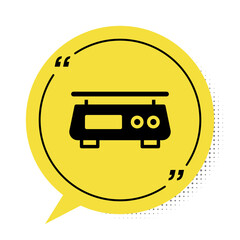 Black Electronic scales icon isolated on white background. Weight measure equipment. Yellow speech bubble symbol. Vector