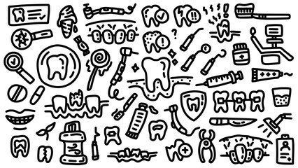 teeth and dental surgery tools icon set with doodle hand drawn outline art style vector collection for education and clinic