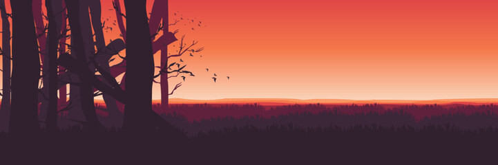 sunset with forest silhouette landscape flat design vector illustration good for wallpaper, background, backdrop, banner, web, ui, adventure, travel, tourism and template