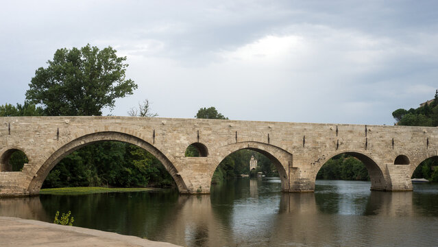 retail of old restored roman bridge  in Beziers the city in south  France