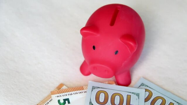 Piggy bank among dollar and euro banknotes. Multicurrency savings. Difficulties in saving money.