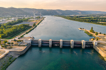 Water dam on the Rhone River. Overlooking the surrounding mountains in the Ardeche.