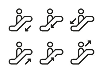 Escalator with an arrow icon. Escalator sign with passenger symbol. Black and white vector illustration.