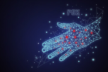 2d polygonal neon hand with chicken pox. Digital image on dark blue space background. Concept of smallpox disease, skin rash, vaccination. Copy space