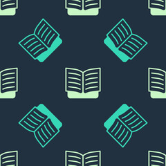 Green and beige Open book icon isolated seamless pattern on blue background. Vector