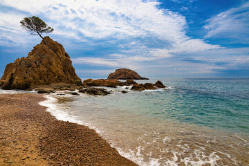 View of the Mar Menuda beach and its rocks and islets, Tossa, Costa Brava, Catalonia Spain