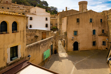 View of Plaza del Pintor Villallonga in historic center from Tossa castle, Costa Brava, Catalonia Spain