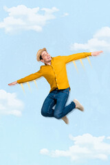Exclusive painting magazine sketch image of cheerful excited guy flying abroad isolated painting background