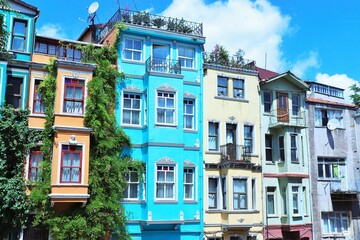 Bright, colorful houses on the old street of Istanbul