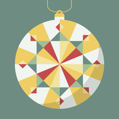 Vector Christmas ball with kaleidoscope radial pattern. Tree decoration isolated. Red, green, yellow. Element for design. Template for printing on paper, packaging. New Year, winter, celebration.