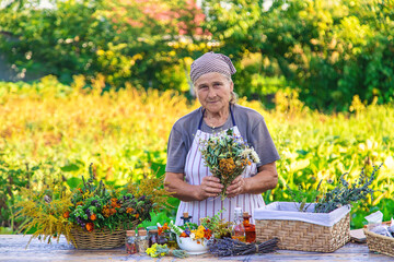 Grandmother makes tinctures from medicinal herbs. Selective focus.