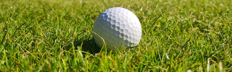 Golf ball on green field. Golfing closeup