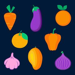 Set of organic fruits, vegetables and berries.