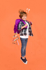 Collage photo of young little schoolkid boy questioned about how lost his pen pencil jump isolated on drawing background