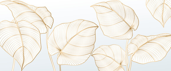 Abstract white background with tropical leaves in golden line style. Botanical art banner for wallpaper design, decor, print, interior design, textile, packaging.