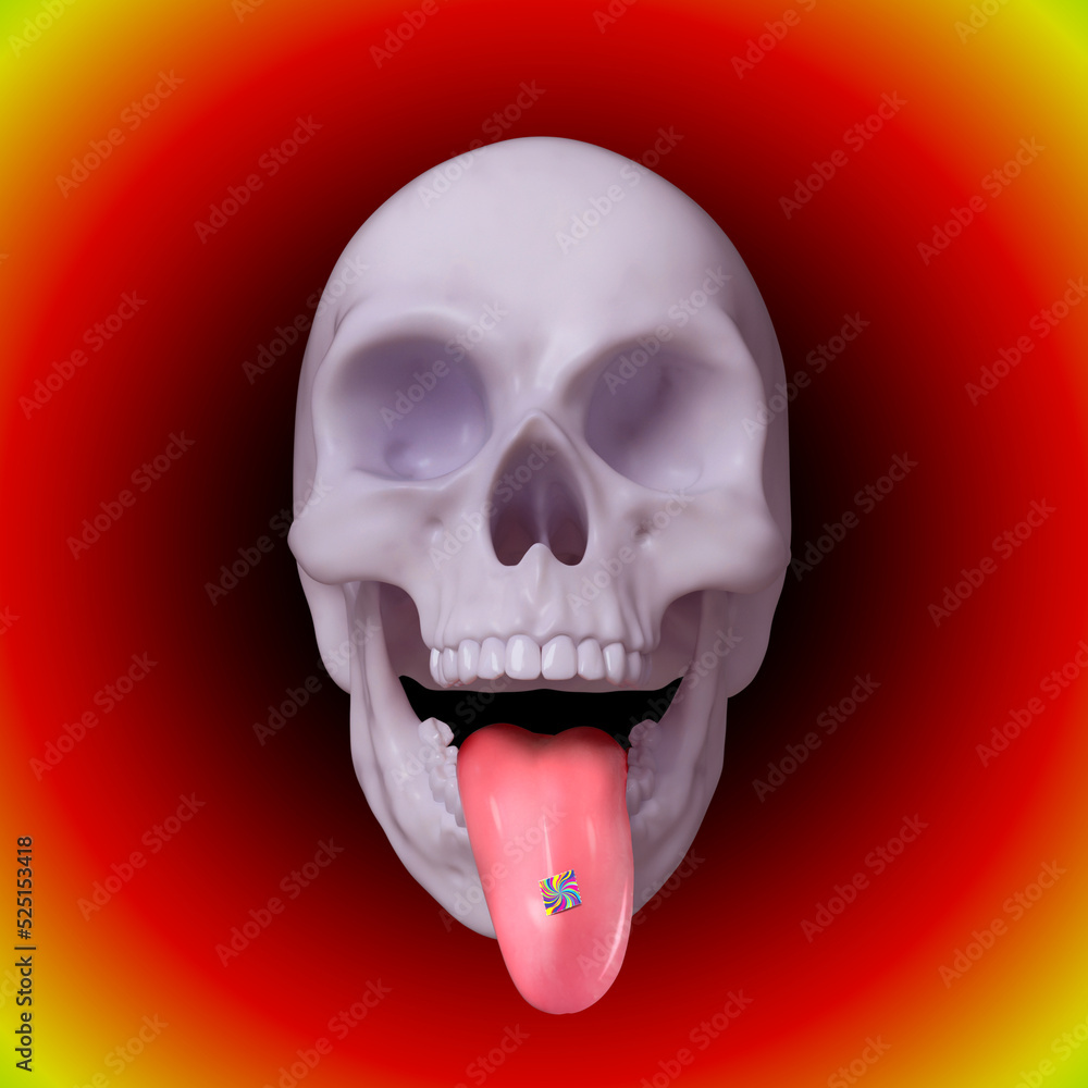 Aufkleber abstract illustration from 3d rendering of skull sticking its tongue out with lsd acid tab on bright