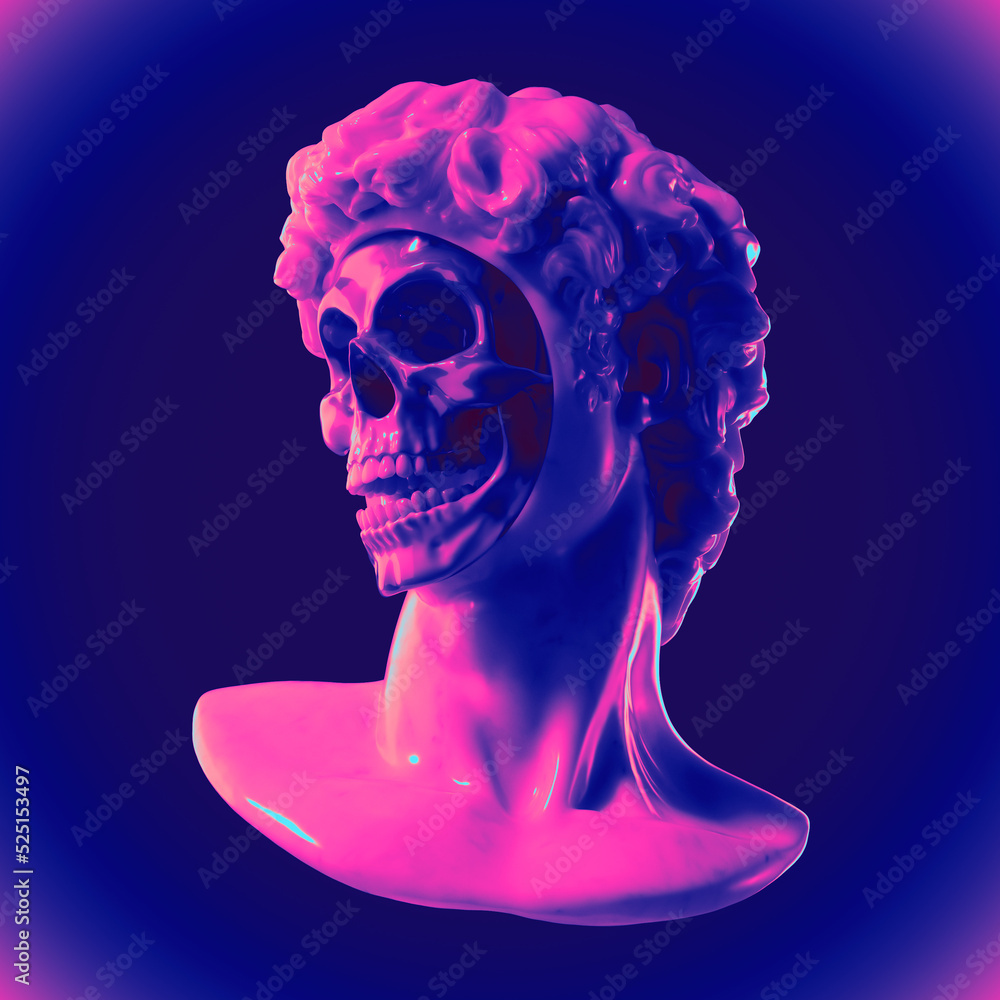 Poster abstract digital illustration from 3d rendering of a classical white marble head bust with missing f