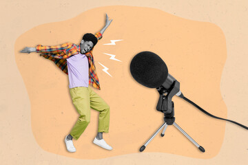 Creative drawing collage picture of energetic enthusiastic radio podcast host announcing breaking news big microphone painting background - obrazy, fototapety, plakaty