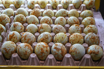 A salted duck egg is an Asian preserved food product made by soaking duck eggs in brine, or packing each egg in damp, salted charcoal. 