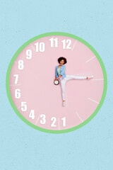 Creative photo artwork graphics collage of funny attractive flexible young girl legs instead clock...