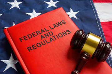 Federal laws and regulations book and gavel on the flag. - obrazy, fototapety, plakaty