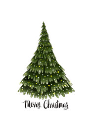 Christmas tree with gold star and light bulb. Watercolor Merry Christmas and New Year illustration with Xmas tree decoration for invitation or greeting card.