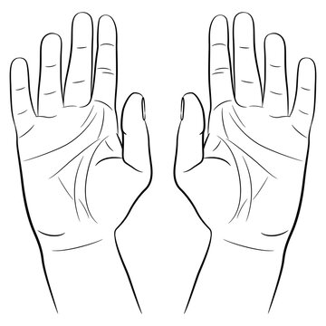 recommend clip art: Two raised up human hands with open palms. Capitulation surrender gesture. Black and white linear silhouette. Cartoon style. Isolated vector illustration.