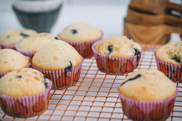 Homemade blueberry muffins baked to perfection on cooling rack in modern white marble kitchen.