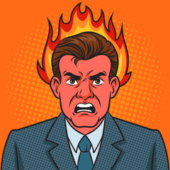 angry aggressive frustrated man businessman with his head on fire pop art retro vector illustration. Comic book style imitation.