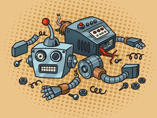 disassembled broken cartoon robot pop art retro vector illustration. Comic book style imitation.