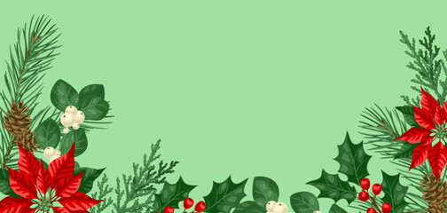 Card with winter plants. Merry Christmas and Happy New Year decoration.