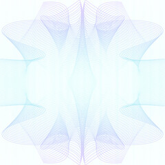 Light teal, violet floral watermark pattern. Vector abstract pastel colored guilloche. Symmetric shape, thin curves. Ripple subtle lines. White background. Template for gift card, certificate. AI