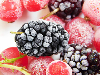 Frozen red currant and mulberry macro photo.