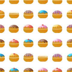Seamless pattern with Hanukkah sufganiyah doughnut vector illustration on white background Donuts with different glazes Vector illustration in flat cartoon style for poster, greeting cards, icons