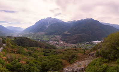 A beautiful view on village in valley between mountains