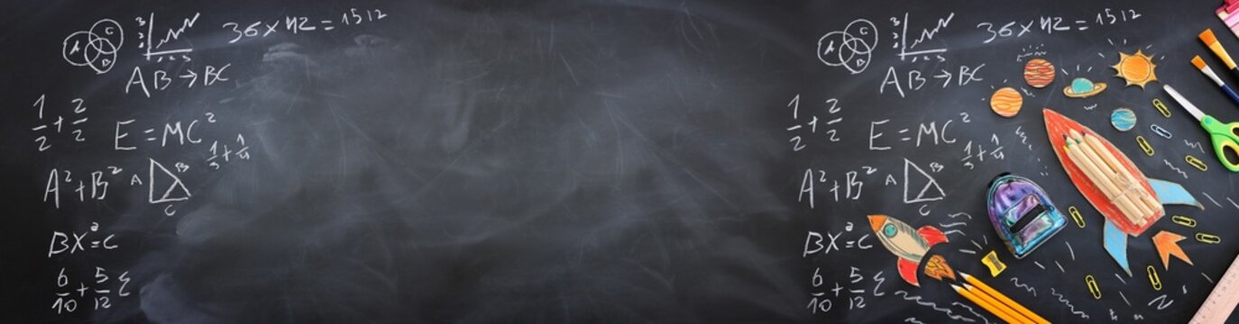 education. Back to school concept over blackboard background. top view, flat lay