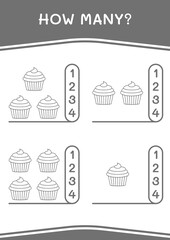 Fototapeta premium How many of Cupcake, game for children. Vector illustration, printable worksheet