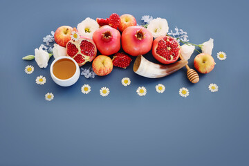 Rosh hashanah (jewish New Year holiday) concept. Traditional symbols