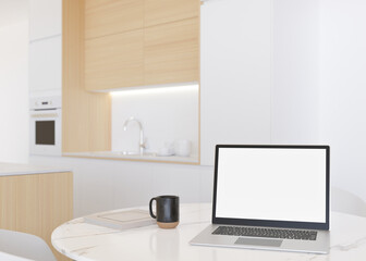 Laptop with blank white screen, on white table at home. Computer mock up. Free, copy space for app, game, web site presentation. Empty laptop screen ready for your design. Modern interior. 3D render.