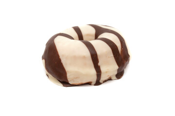 Donuts covered with chocolate and white chocolate, isolated in white background. A donut has approximately 300 calories and 25 g of fat on average.