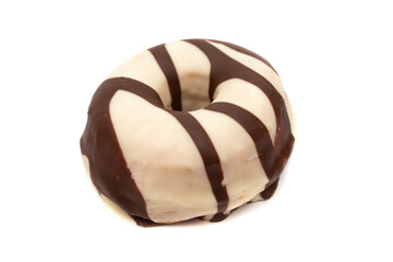 Donuts covered with chocolate and white chocolate, isolated in white background. A donut has approximately 300 calories and 25 g of fat on average.