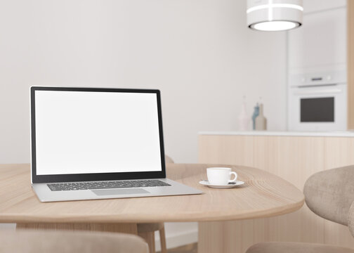 Laptop with blank white screen, on wooden table at home. Computer mock up. Free, copy space for app, game, web site presentation. Empty laptop screen ready for your design. Modern interior. 3D render.