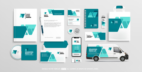 Brand Identity Mock-Up of office stationery set with green abstract geometric design. Business stationary mockup template of, book cover, van car, brochure, smartphone display. Editable vector