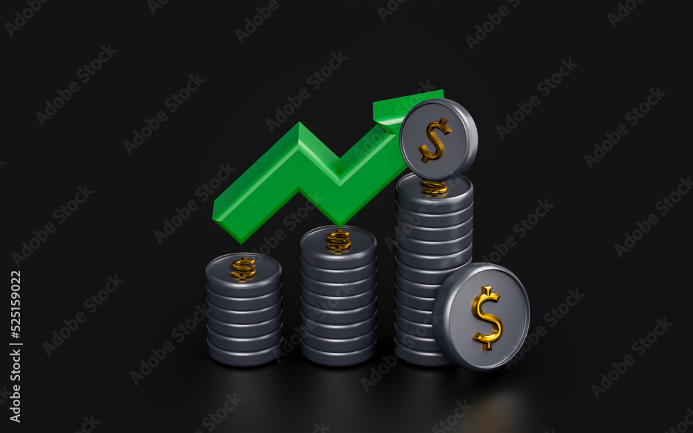Poster dollar coin with chart up arrow sign on dark background 3d render concept for profitable investment