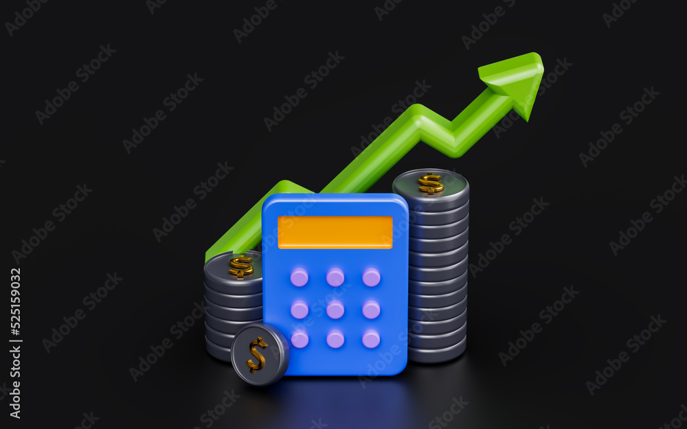 Poster calculator sing with dollar coin up arrow on dark background 3d render concept for profit calculate