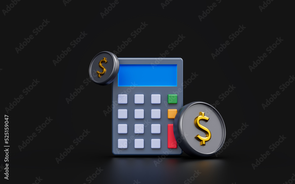Poster calculator sign with dollar coin on dark background 3d render concept for money calculate