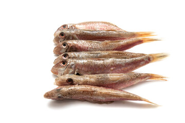 Raw and clean red mullet, isolated on white background. Mullus surmuletus is a bony fish, small in size, edible and highly appreciated. It is found throughout the Andalusian coast.
